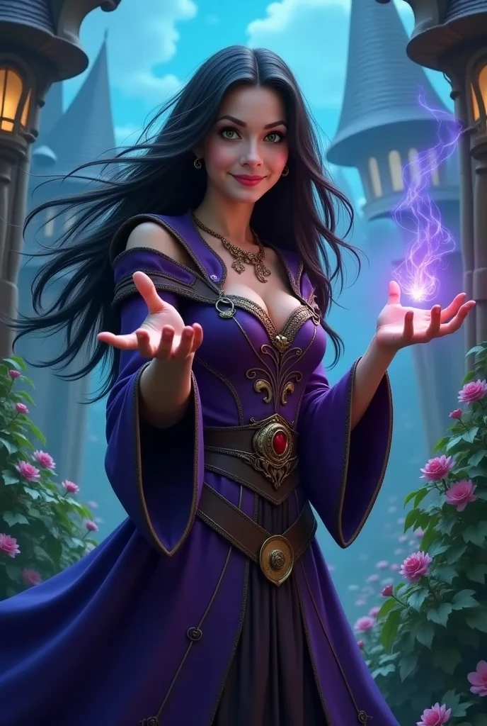 masterpiece photo of a dark-haired full-length woman with green eyes dressed as mage actively says something while gesticulating, a cheerful facial expression, blush, interesting dynamic pose, against the background of college of magic, a rich blue-purple sky with clouds, a lot of vegetation, bright colors, intricate bizarre color combinations