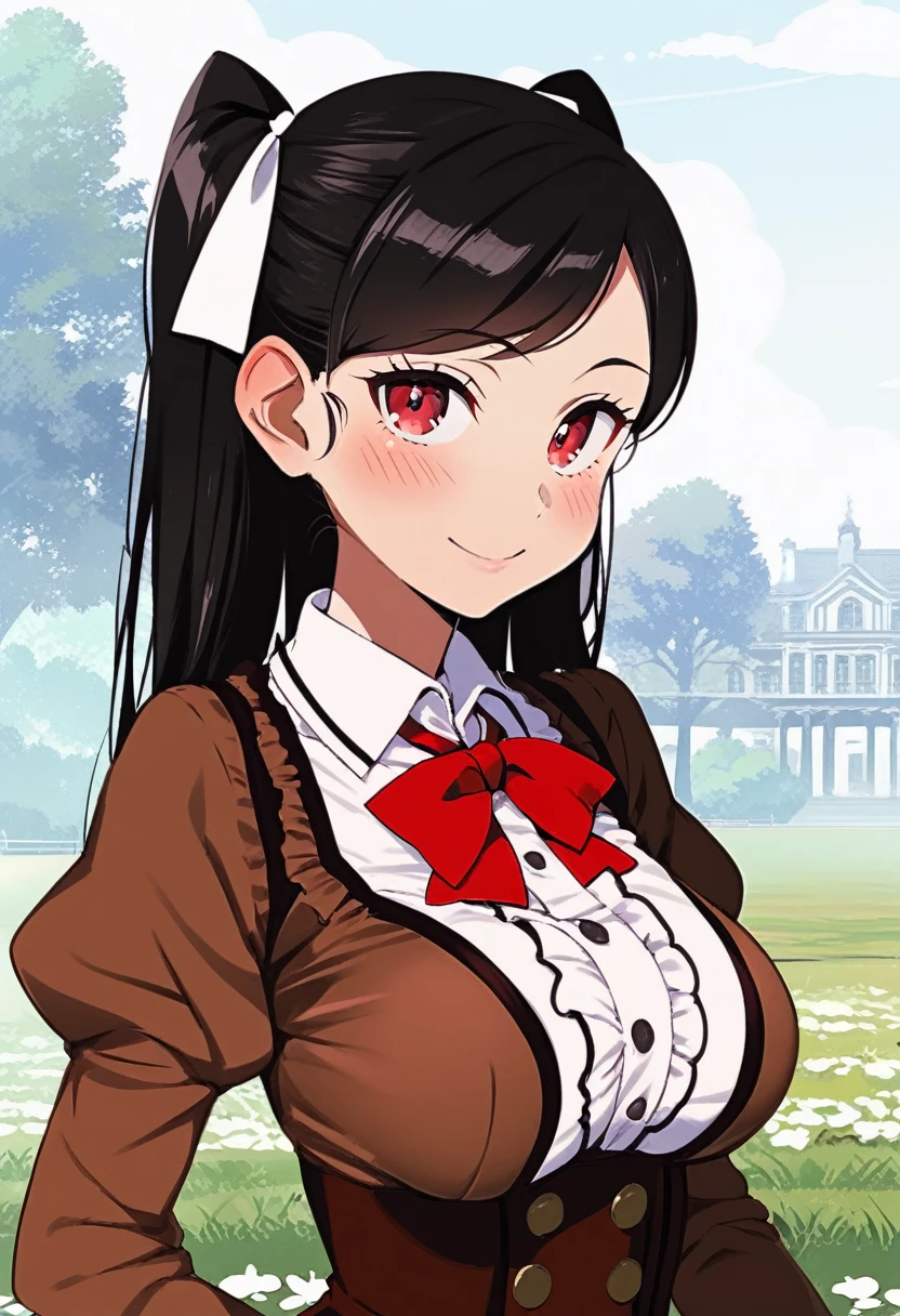 score_9,score_8_up,score_7_up,score_6_up BREAK official art,solo,outdoors,upper body,looking at viewer,facing viewer,smile,blush,Takahashi Remi,long hair,black hair,twintails,two side up,hair ribbon,white ribbon,swept bangs,red eyes,school uniform,suspender dress,brown dress,short dress,frilled dress,buttons,red bowtie,white shirt,collared shirt,center frills,long sleeves,puffy sleeves,juliet sleeves,white gloves,large breasts,underbust,pleated skirt,zettai ryouiki,white thighhighs,loafers,