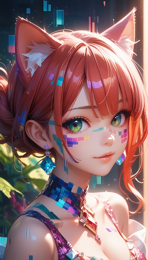 (masterpiece, high quality,  best quality ,  Official Art ,  beautiful and beautiful :1.2), 1 Girl, Red Hair, Cat ears, (Glitch Art), (Digital Distortion), pixelated fragments, Data corruption,Colored Noise, Visual confusion,Contemporary Aesthetics