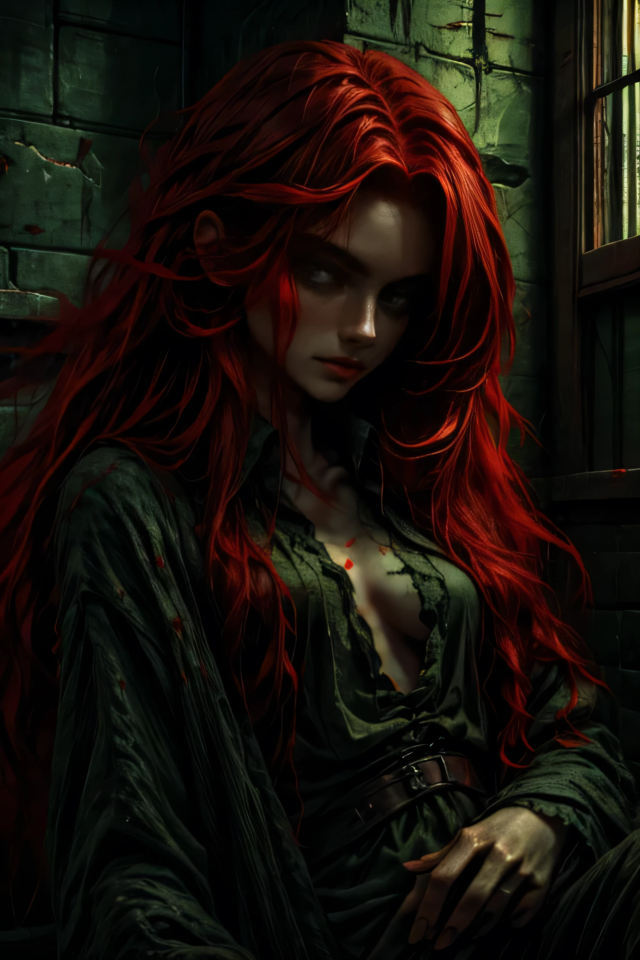 Detailed, Beautiful, 4k, Best Quality,  Red Hair, Green eyes, Otherworldly Beautiful, , Longhaired , Female focus, Ragged Black Prison Clothes, Detailed face, Detailed Body, 