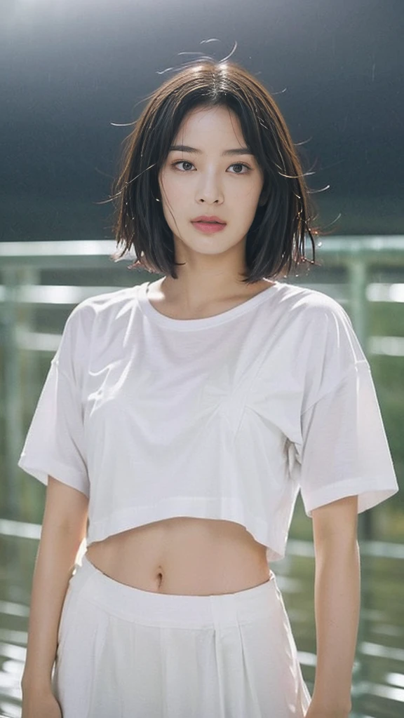 A stunning intricate full color portrait of (sks woman:1), wearing a white casual t-shirt with cropped in the belly part, casual outfit for chilling, pants, cool girl, dark plain background, epic character composition, by ilya kuvshinov, alessio albi, nina masic, sharp focus, natural lighting, subsurface scattering, f1.8, 35mm, film grain, black voluminous hair inspired by Pharah Overwatch, (((black hair))), side bang, best hair, candid, looking away