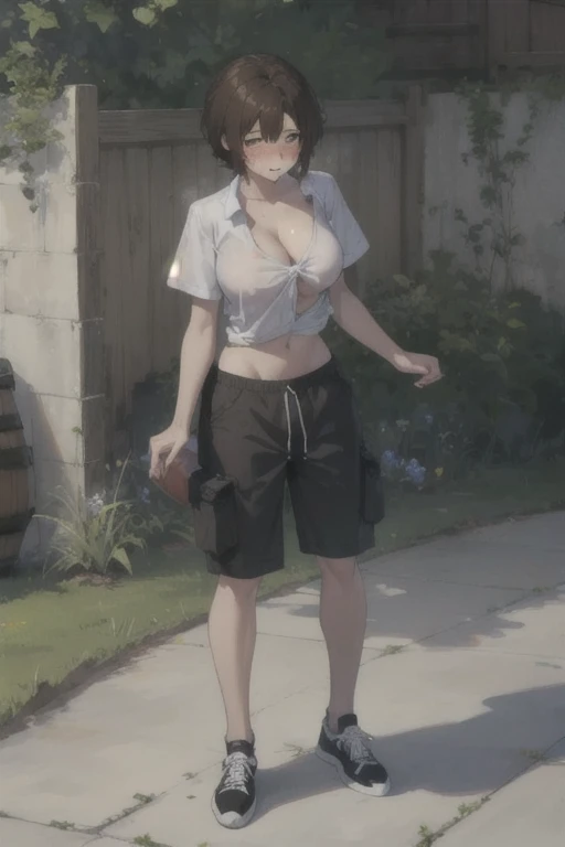 1boy, male focus, solo, brown hair, shaggy hair, midriff peek, v neck shirt, cargo shorts, sneakers, (massive breasts:0.7),  breast expansion, betaut, (breast_inflation), blushing, (aroused), backyard, (BETaut:0.7), (BEsequence:0.7)  oppai, thicc, with a large breasts, biomechanical oppai, (nsfw) safe for work, oppai proportions, seductive anime girl, big breasts!, barrel chested, breasts covered and nsfw, really large bust, revealing clothes, big breasts!!, nsfw huge breasts