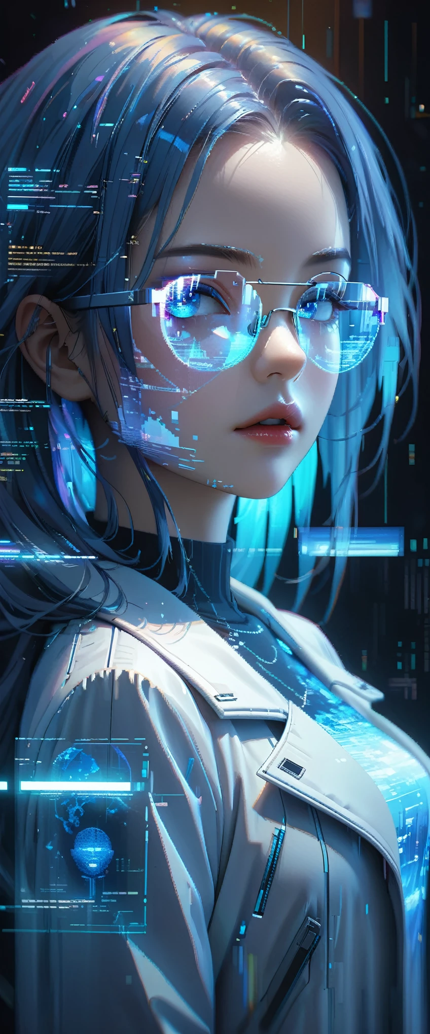 ((masterpiece:1.2)),(( Ultra High Resolution Cyberpunk Art )),(( Highly Detailed Art )),((Unity 8K quality )), cowboy shot ,(( Very Beautiful 24 Year Old Girl )), very beautiful face , An Extraordinary Beauty , Long Smooth Blue Hair ,(( Cyber Hologram Glasses )),(( Surrounded by countless hologram displays:1.1)), dynamic pose, Mature Cool Expressions , attractive lips ,Beautiful eyelashes,Double eyelids, Genius Scientist in a White Coat ,Digital World , World of Huge Data , black simple background , Professional Writing, professional lighting , RAW Photos,futuristic pixel art,Light with intricate details,(( holographic face,Interface,node,Glitch)), strong winds are blowing in front of the river