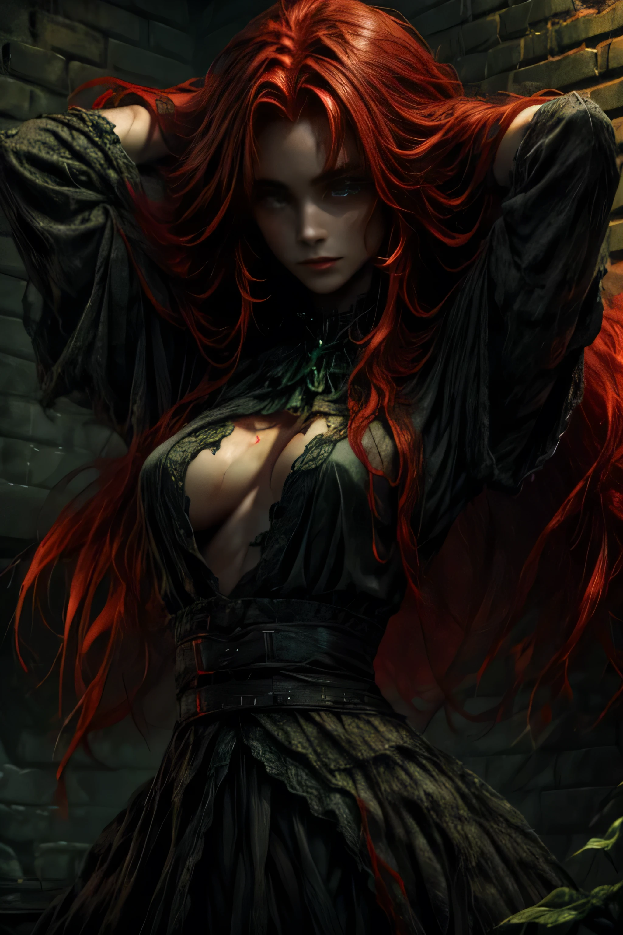 Detailed, Beautiful, 4k, Best Quality,  Red Hair, Green eyes, Otherworldly Beautiful, , Longhaired , Female focus, Ragged Black Prison Clothes, Detailed face, Detailed Body, 