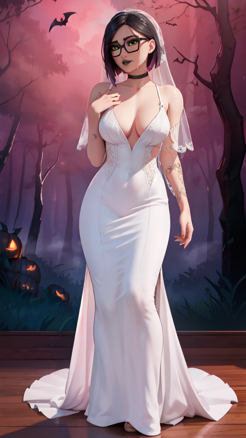 1 girl,black lips,choker, Night, (masterpiece) evening (Halloween pumpkins,
 dark forest, fog🎃, Night)half body(Best Quality) (Alone), looking at the viewer, high detailed,extremely detailed, fine green eyes,dynamic pose,wedding dress,bridal veil,torn dress,white, short black hair,glasses,crying