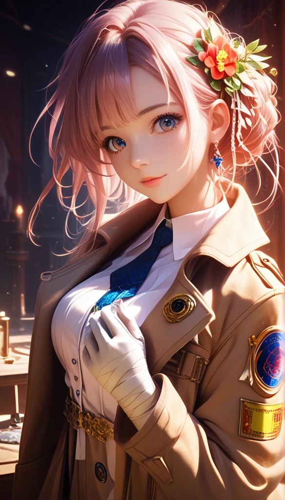 (8K,  best quality , masterpiece:1.2),  super detailed, masterpiece, Realistic lighting ,masterpiece,  best quality , masterpiece,  Official Art ,extremely detailed CG unity 8K wallpaper, Detailed beautiful eyes ,  face light, 1 Girl, {{{{Asuka}}}},  upper body , breast, pilot_Set, plugSet,  red_jacket, Trench coat, Gloves, bandage, hair_ ornament , support,  