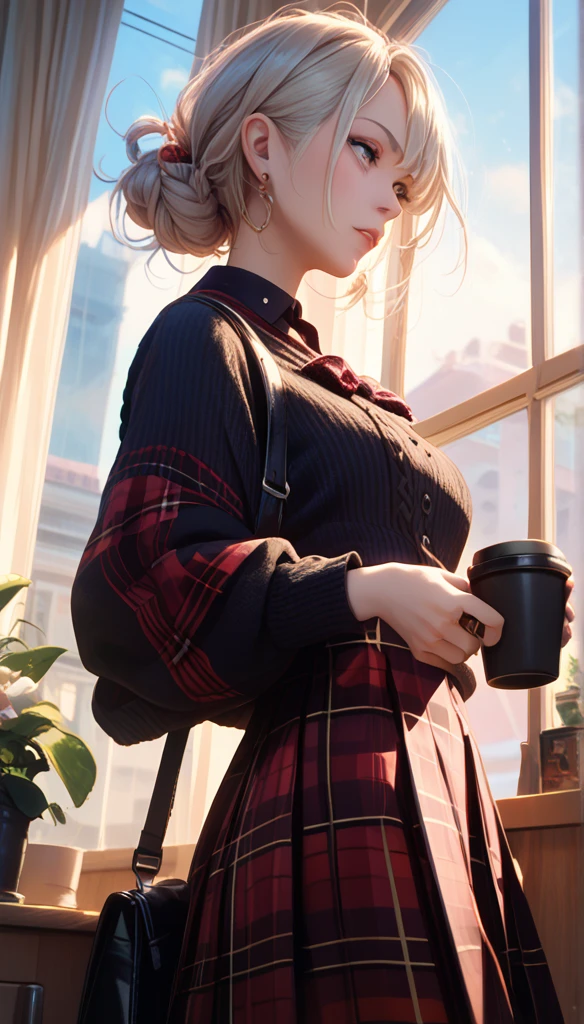 indoor, portrait,  A 25-year-old woman holding a coffee cup ,  black cropped knitted cardigan , arm:1,  dark red narrow skirt with black plaid pattern, Black knee-high suede boots ,  standing next to office window 