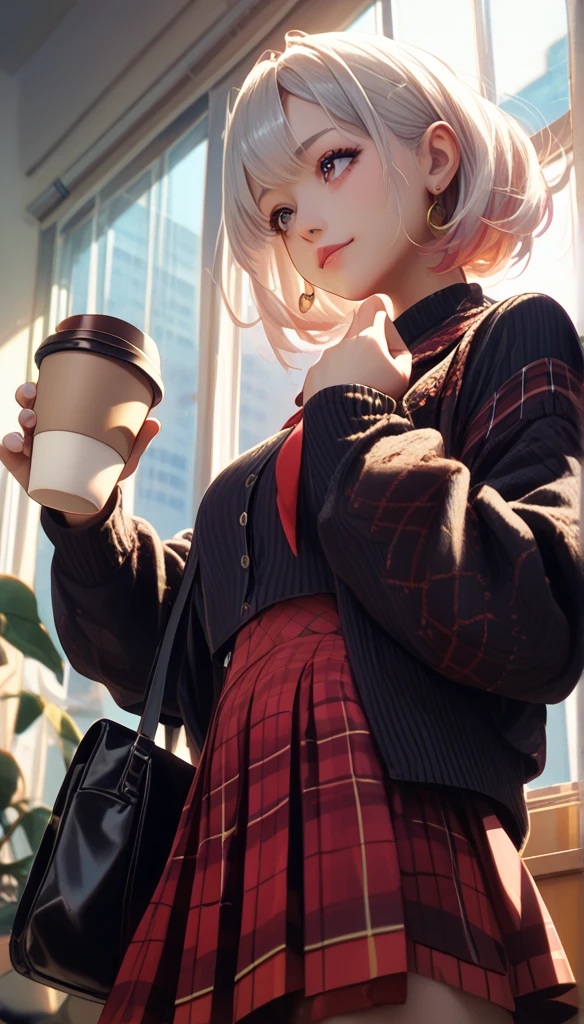 indoor, portrait,  A 25-year-old woman holding a coffee cup ,  black cropped knitted cardigan , arm:1,  dark red narrow skirt with black plaid pattern, Black knee-high suede boots ,  standing next to office window 