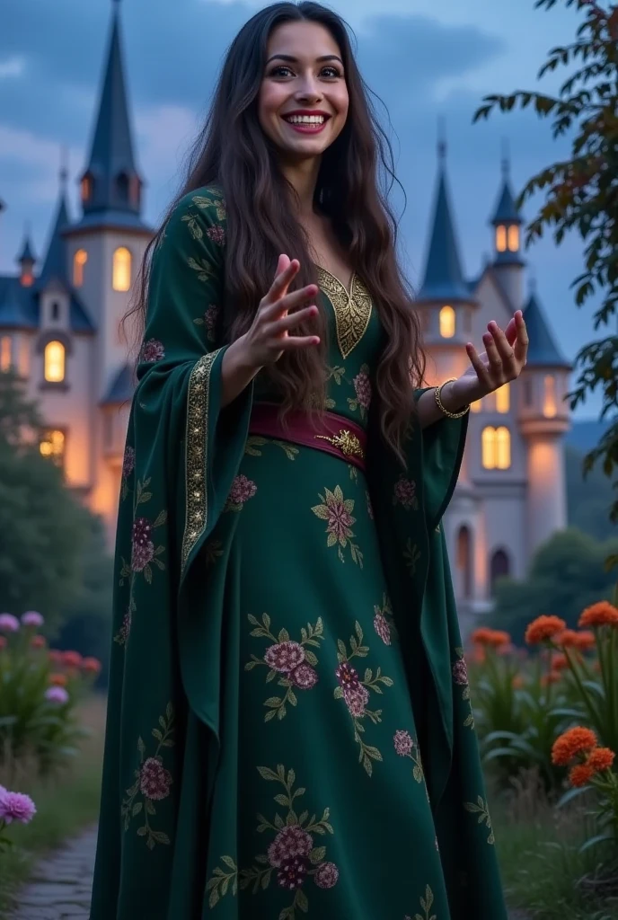 masterpiece photo of a dark-haired full-length woman with green eyes dressed as mage actively says something while gesticulating, a cheerful facial expression, blush, interesting dynamic pose, against the background of college of magic, a rich blue-purple sky with clouds, a lot of vegetation, bright colors, intricate bizarre color combinations, but in fact this is a horror story, and she does not yet know that a humanoid crocodile is running past that will soon attack her, it is actually very scary, suspense