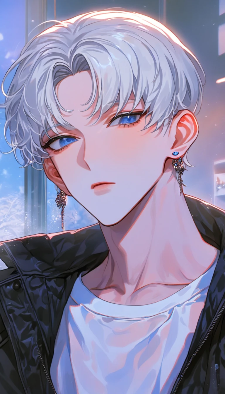 absurdres, highres, ultra detailed, HDR, master piece, best quality, extremely detailed face, delicated features, Jaehwan , White hair, short hair, no fringe, without bangs, handsome hair, cool blue eyes, The World After The Fall, Alone, Sensual, Young face, black KPOP fashion style, cold, Transparent, black, Boyfriend, Pierce, earring, cute boy, Draw a large background, From the side, anime,  KPOP model,  Cafe background, 4K