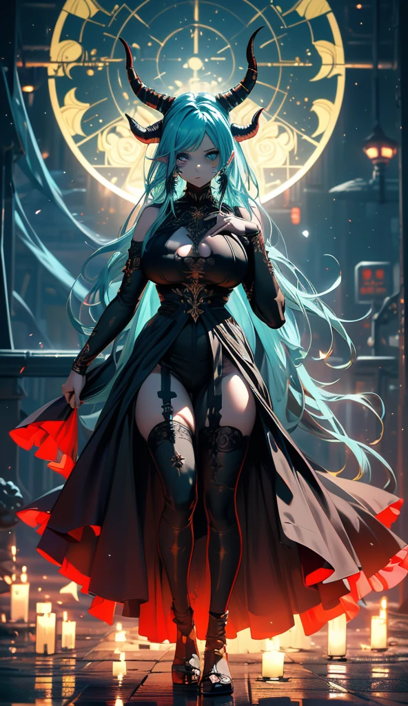 (Masterpiece, Top Quality, Best Quality, Official Art, Beauty and Aesthetics: 1.2), (1girl: 1.3), (Fractal Art: 1.3), Vibrant Aqua light Blue Eyes, Medium Hair with Tassels,  long sideburns , Nude Midpart, ((( the hellish demon emperor ,  long goat horns ,  heavy look ,  round breasts with neckline , Thicc thighs ))),  claw-long nails ,  demon ears ,  completely dark scenery ,  where her eyes shine in pitch black, full body, high jump, MACABRE, sombrio, dark, terror, Horror, *poor lighting, total darkness of the environment*