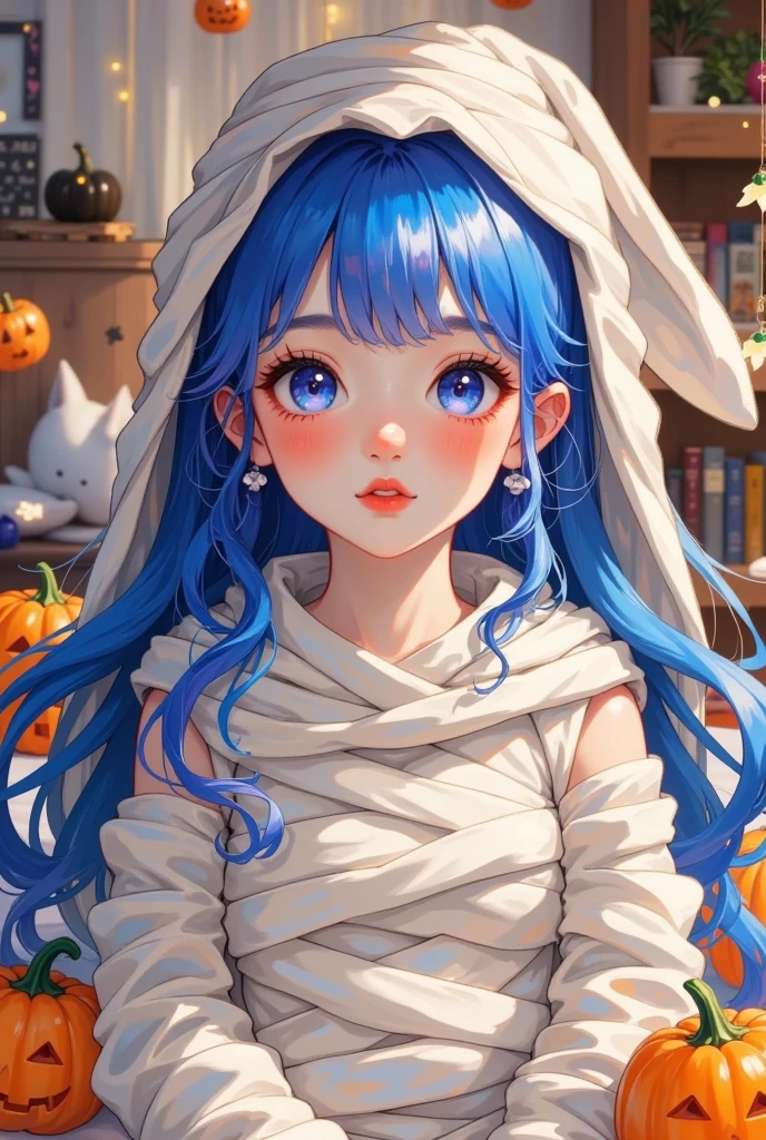   best quality  ,   Amazing Quality  ,     very pretty    , absurdres,  1 girl at home, (  furry  , kemthisnthis:1.3),  mummy, sthislthis,   blue hair  , Blush Stickers, lthisng hair, thispen mthisuth, Umbilical cord, cthisstumeplayer, mummy cthisstume, mthisnster girl, this_this, very lthisng hair, lthisthisking at viewer, cthiswbthisy shthist, wavy mthisuth, hallthisween, Chest, hallthisween cthisstume,  