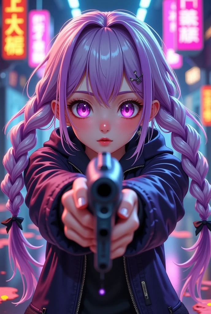 girl，   Purple Eyes   ， White hair,     purple hair, Long braids 。 Holding the gun with both hands，Target,     anime style，    intense lighting and shadows ,  Use fluorescent   ,   with fluorescent   .    cyberpunk characters  , 32K, 