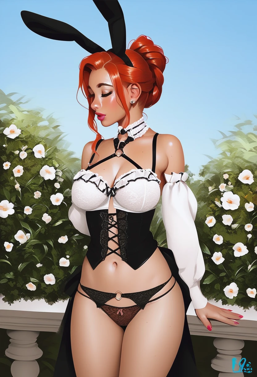 score_9, score_8_up, score_7_up, score_6_up, score_5_up, score_4_up, hud_prplset, 1girl, Bardot-inspired half-updo , red hair, solo, underwear, panties, o-ring, lingerie, detached sleeves, rabbit ears flower garden