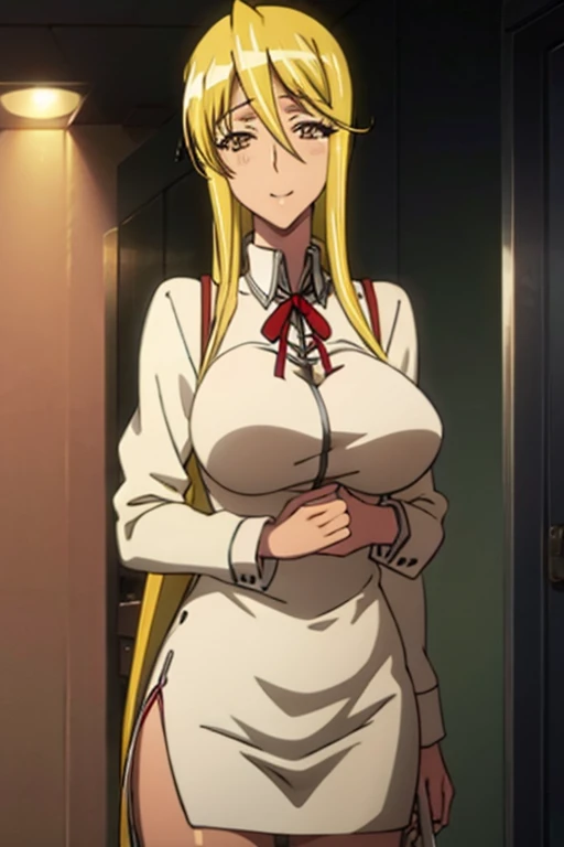 (Shizuka Marikawa Highschool of the Dead) Solo girl, Long Hair, big breasts, white skin, sexy body, sexy Red Dress, slit Dress, big eyes, anime eyes, long eyelashes, split cloth, realistic, smile, old town background, pookies, details face, hair details, picture details