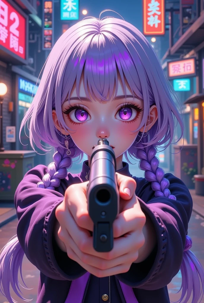 girl，   Purple Eyes   ， White hair,     purple hair, Long braids 。 Holding the gun with both hands，Target,     anime style，    intense lighting and shadows ,  Use fluorescent   ,   with fluorescent   .    cyberpunk characters  , 32K, 