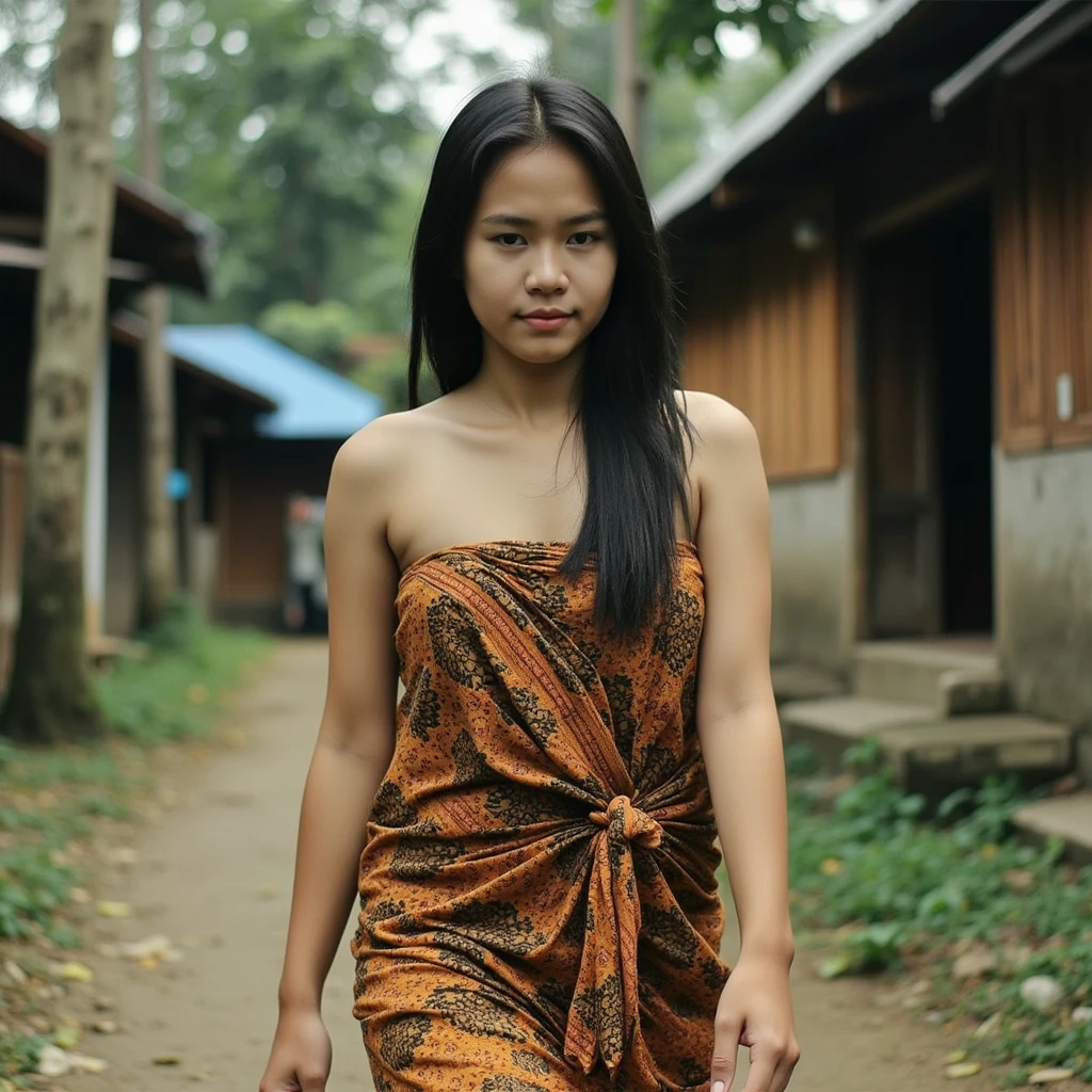 Wide aspect ratio, realistic photo of a young Indonesian woman, wearing Sarong dress. She is walking in indonesian village, serious expression, eyes gaze