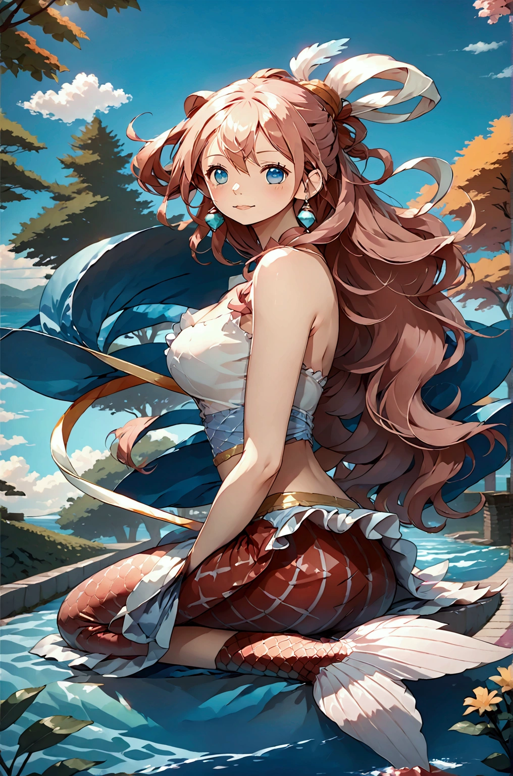 ((best quality)), ((highly detailed)), , (1girl), dynamic pose, full body, innocent, wide eyes, big eyes, cute, breasts, blue sundress, maxiskirt, mermaid, pink hair, full body