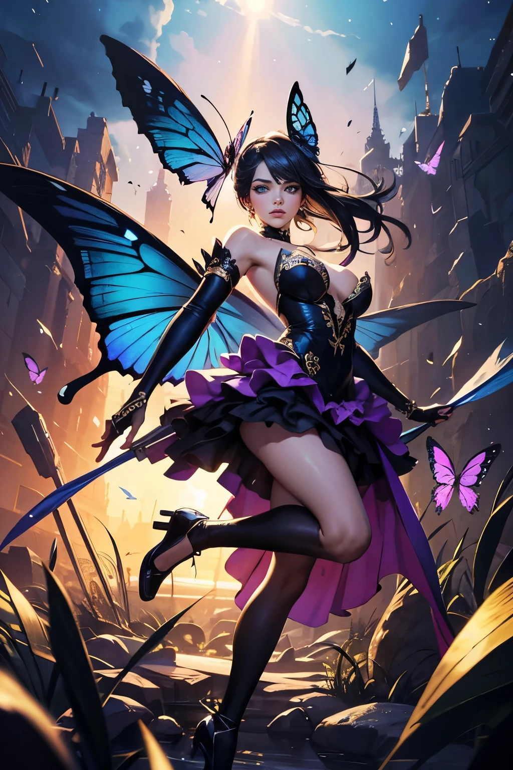 high details, best quality, 16k, RAW, [best detailed], masterpiece, best quality, (extremely detailed), GlowingRunes_paleblue, full body, ultra wide shot, photorealistic, fantasy art, RPG art, D&D art, a picture of a fairy selling flowers in a florist shop, extremely beautiful fairy, ultra feminine (intense details, Masterpiece, best quality), (purple: 1.3) butterfly wings (intense details, Masterpiece, best quality), purple and white wings (intense details, Masterpiece, best quality),  black hair, pixie cut hair, shinning hair, flowing hair, shy smile, innocent smile, blue eyes, wearing black skirt, dynamic elegant shirt, chocker, wearing high heels, in flower shop (intense details, Masterpiece, best quality), extreme many (red roses: 1.3) (intense details, Masterpiece, best quality), (red: 1.3) roses shop in a modern era street, High Detail, Ultra High Quality, High Resolution, 16K Resolution, Ultra HD Pictures, Ultra Realistic, Clear Details, Realistic Detail, Ultra High Definition, Big Fairy Wings, wearing edgLL leather lingerie