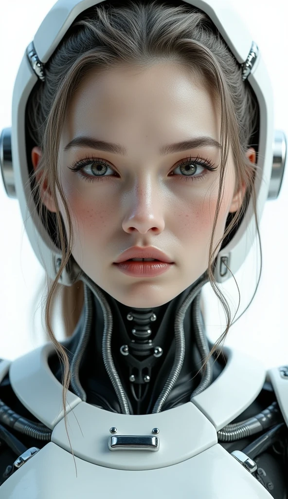 Realistic cyborg female face concept in exoskeleton on white background, shot on 35mm objective, 4k style, highest quality.