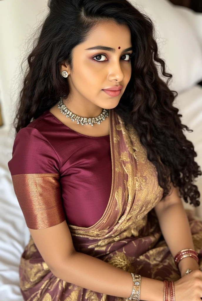 (masterpiece, best quality:1.2), Close up photo of sexy anupama, front view, curvy, hourglass figure, swooping breasts, deep cleavage, earring, nose ring, maroon golden blouse, indian saree,navel, belly button, sitting in a bed , look at viewer and subtle smile, French long sexy hair, necklace, ear rings, nose ring, jhumka, wearing hair ornaments, erotic pose (beautiful breasts), facing the camera, 