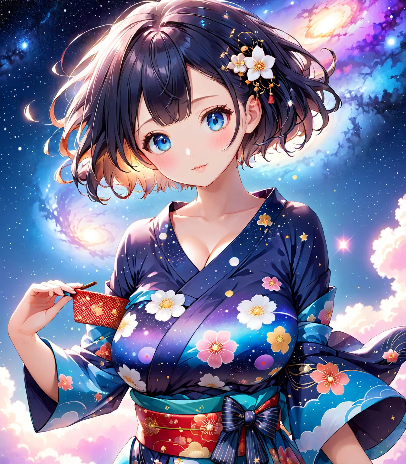 1 girl,Beautifully detailed , light blissful face, kawaii(Hair up style)short hair,Galaxy background,(blue eyes )(looking at viewer)(Big breasts)kimono