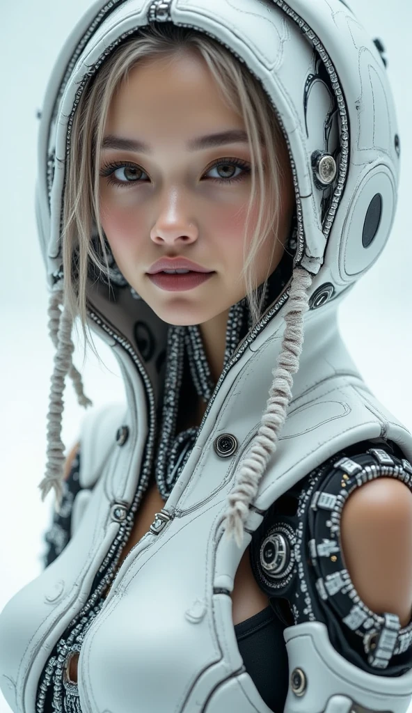 Realistic cyborg female face concept in exoskeleton on white background, shot on 35mm objective, 4k style, highest quality.