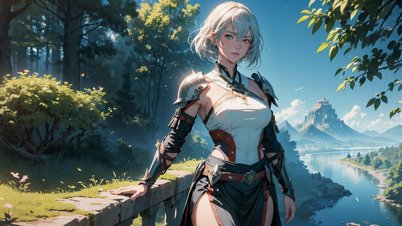 Fantasy Anime Landscape wallpaper: In a high-resolution anime-style scene, ((a beautiful 22-year-old female warrior stands confidently alone in a lush)), open landscape. She is the only character represented in the image, depicted in an upright pose, either from the waist up or in full-body view, facing the viewer with a gentle smile and direct gaze. Her long, flowing silver hair frames her face, and her bright eyes are detailed and expressive, exuding strength and charm. Her flawless, porcelain-smooth skin complements her delicate facial features, which include a refined nose and soft, glossy lips. This ultra-detailed illustration features ((a stunning supermodel-quality warrior, reminiscent of the elegance of Milla Jovovich)). The captivating Fantasyland background includes distant mountains, flowing rivers, and ancient ruins partially hidden by vibrant greenery. The dramatic sky transitions through soft hues, creating a vibrant contrast with the lush landscape. Detailed 8K resolution and HDR lighting highlight her figure against the surroundings, with high-contrast shadows adding depth. She wears lightweight armor with intricate metal and leather details, showcasing her graceful form. Tattoos of red roses and ancient symbols adorn her arms, reflecting her natural beauty and connection to the world around her. The scene captures the warrior's enchanting appearance and the rich details of her environment in an ultra-realistic, Genshin Impact-inspired anime style. In this perfect fantasy anime wallpaper, the setting is enhanced by a beautiful sunny day in a coniferous forest, where the enchanting atmosphere is further enriched by soft anime tones and luminism, adding depth to the illustration. The image presents a three-dimensional sensation, showcasing the stunning ((warrior alone in a vast, open world filled with mountains, rivers, and ancient ruins)), all captured with extreme detail and vibrant colors.