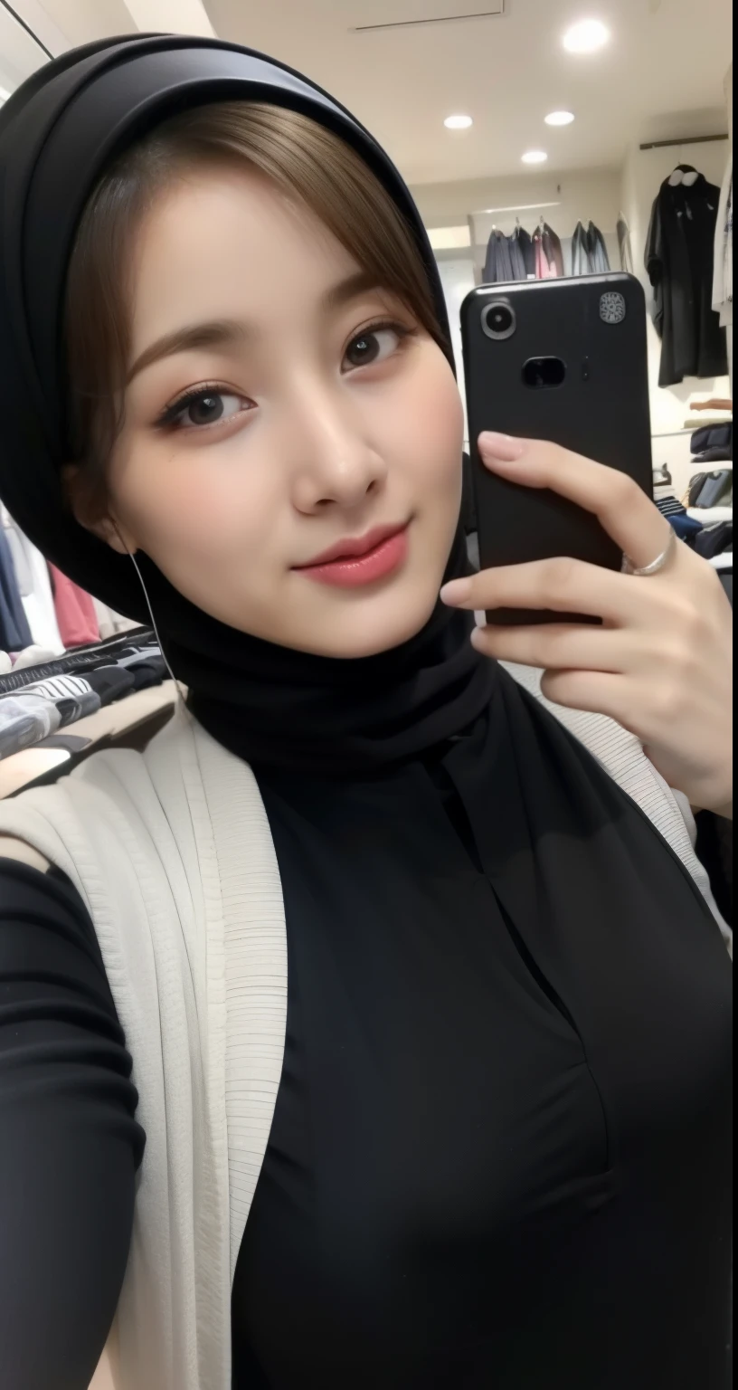 a hijabi girl taking a selfie with a front-facing camera in a clothing store, hijabi girl holding a smartphone camera, front-facing camera photo, sexy body, tight clothes, smooth thighs, hijabi girl taking a selfie with a slight smile,masterpiece, ultra detailed, 8k, warm lighting