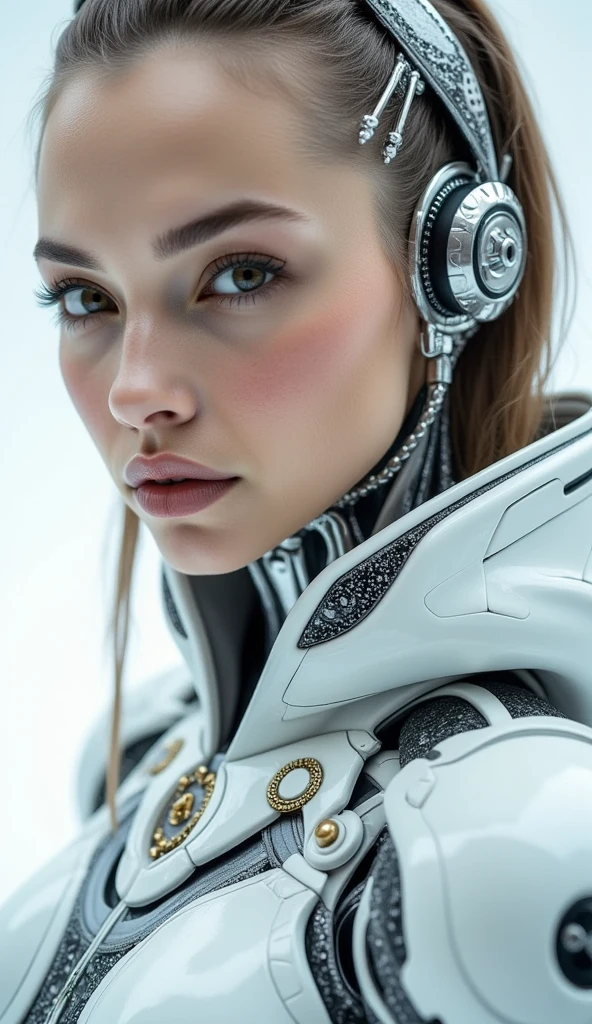 Realistic cyborg female face concept in exoskeleton on white background, shot on 35mm objective, 4k style, highest quality.