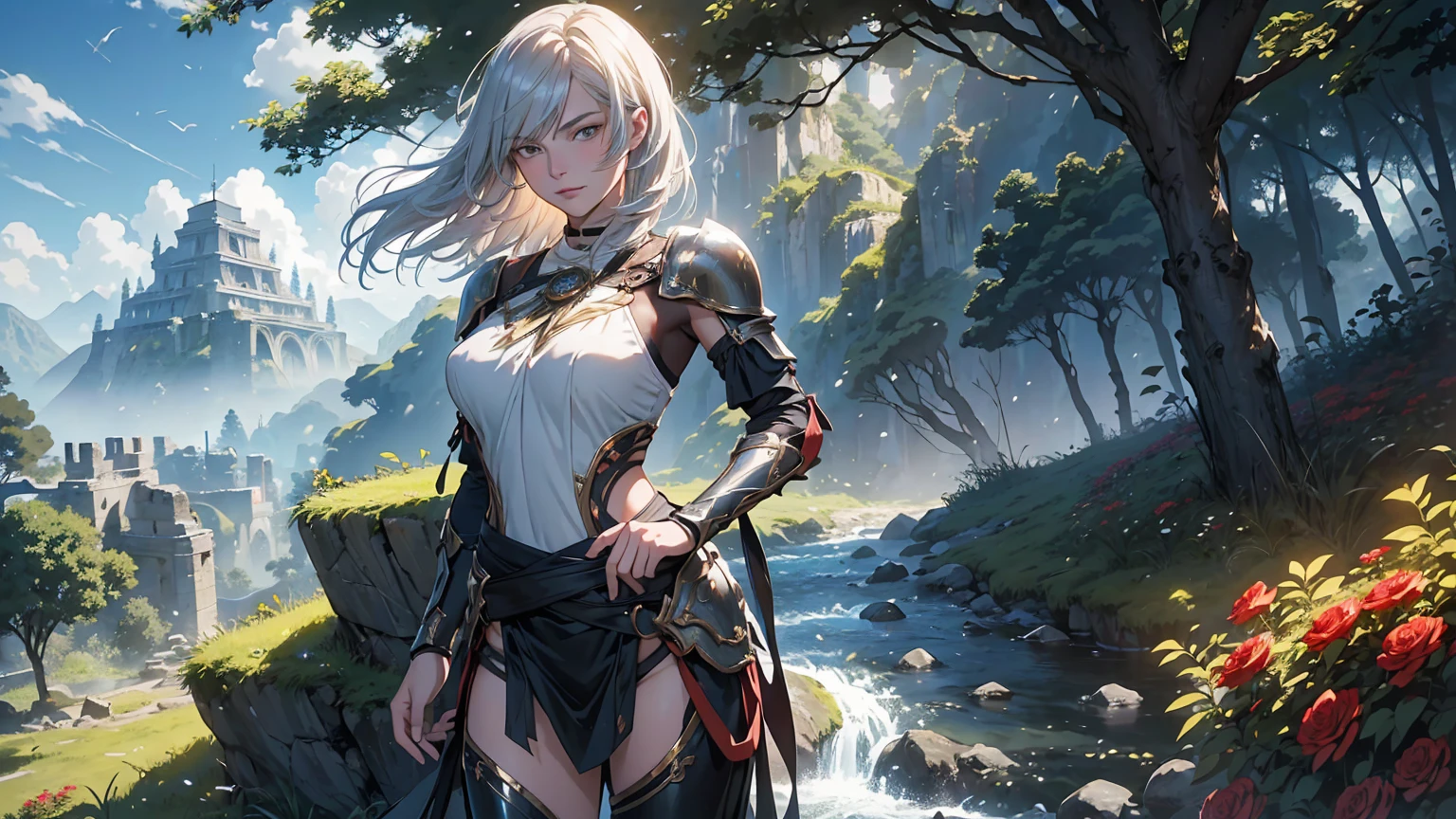 Fantasy Anime Landscape wallpaper: In a high-resolution anime-style scene, ((a beautiful 22-year-old female warrior stands confidently alone in a lush)), open landscape. She is the only character represented in the image, depicted in an upright pose, either from the waist up or in full-body view, facing the viewer with a gentle smile and direct gaze. Her long, flowing silver hair frames her face, and her bright eyes are detailed and expressive, exuding strength and charm. Her flawless, porcelain-smooth skin complements her delicate facial features, which include a refined nose and soft, glossy lips. This ultra-detailed illustration features ((a stunning supermodel-quality warrior, reminiscent of the elegance of Milla Jovovich)). The captivating Fantasyland background includes distant mountains, flowing rivers, and ancient ruins partially hidden by vibrant greenery. The dramatic sky transitions through soft hues, creating a vibrant contrast with the lush landscape. Detailed 8K resolution and HDR lighting highlight her figure against the surroundings, with high-contrast shadows adding depth. She wears lightweight armor with intricate metal and leather details, showcasing her graceful form. Tattoos of red roses and ancient symbols adorn her arms, reflecting her natural beauty and connection to the world around her. The scene captures the warrior's enchanting appearance and the rich details of her environment in an ultra-realistic, Genshin Impact-inspired anime style. In this perfect fantasy anime wallpaper, the setting is enhanced by a beautiful sunny day in a coniferous forest, where the enchanting atmosphere is further enriched by soft anime tones and luminism, adding depth to the illustration. The image presents a three-dimensional sensation, showcasing the stunning ((warrior alone in a vast, open world filled with mountains, rivers, and ancient ruins)), all captured with extreme detail and vibrant colors.