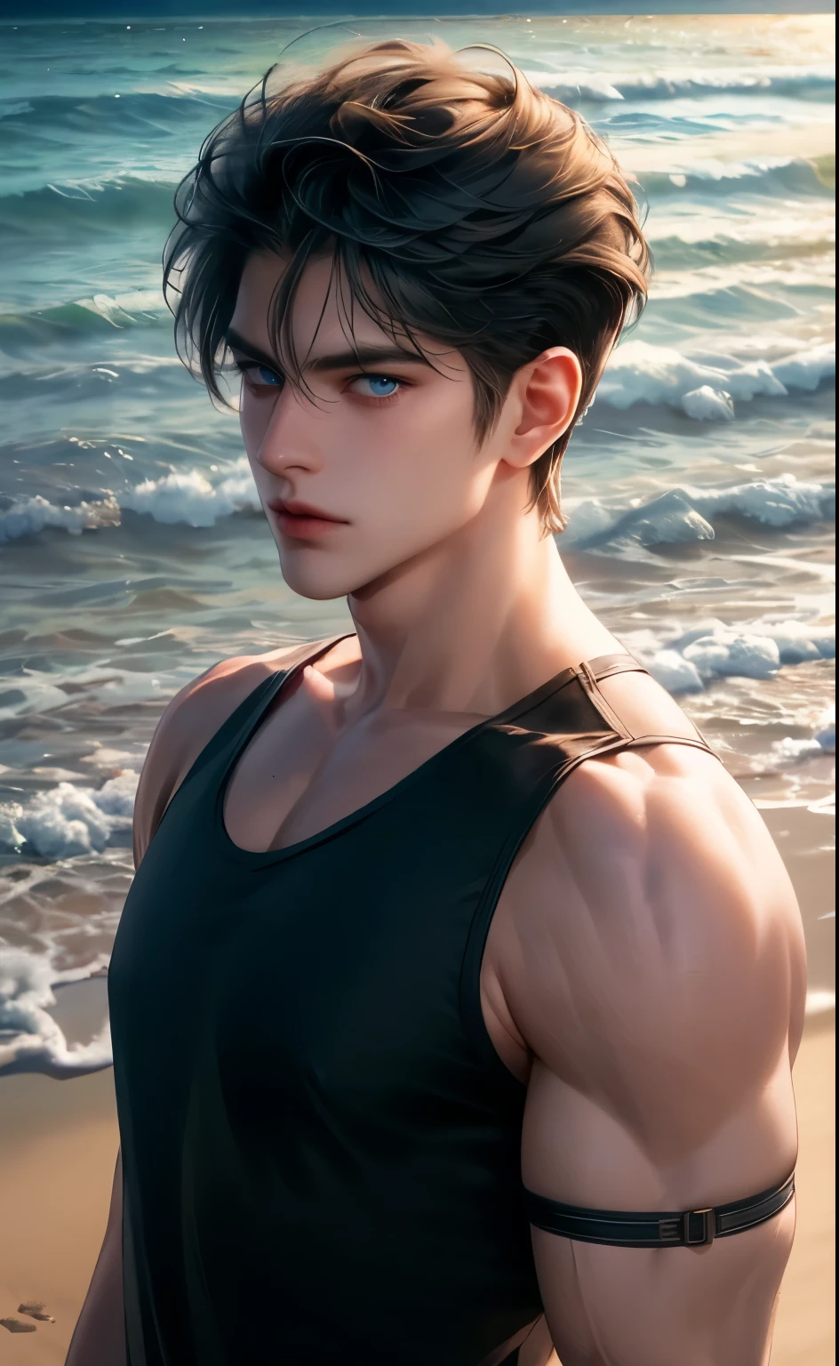 There was a man standing in the water,No shirt, Shirtless :: High Detail, Cool anime poses, Realistic shadows perfect figure, Anime handsome man, Smooth anime CG art, Anime realism style, Realistic anime art style, realistic art style, Shirtless, male anime character, 3D animation realistic, Realistic art style, Tall anime man with blue eyes