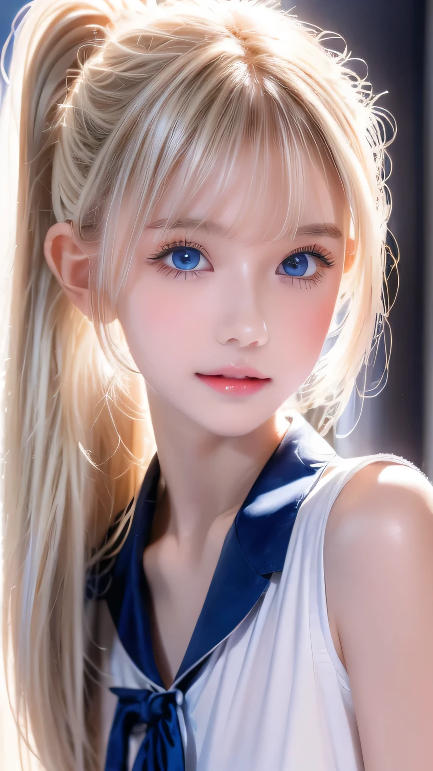  Portrait 、School uniform、Bright expression、 ponytail、Young, lustrous, glowing, white skin、The best beauty、Blonde reflection、 Platinum Blonde Hair with Dazzling Highlights、Shiny bright hair,、 Super Long Silky Straight Hair 、Shiny, beautiful bangs、Bright, clear, attractive, large blue eyes、Very beautiful lovely cute girl、Ample Bust