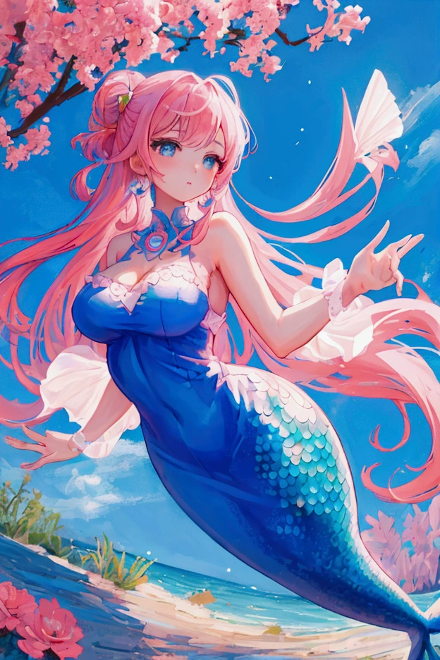 ((best quality)), ((highly detailed)), , (1girl), dynamic pose, full body, innocent, wide eyes, big eyes, cute, breasts, blue sundress, maxiskirt, mermaid, pink hair, full body