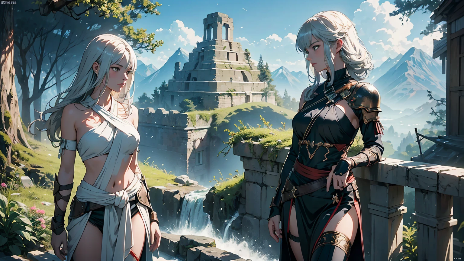 Fantasy Anime Landscape wallpaper: In a high-resolution anime-style scene, ((a beautiful 22-year-old female warrior stands confidently alone in a lush)), open landscape. She is the only character represented in the image, depicted in an upright pose, either from the waist up or in full-body view, facing the viewer with a gentle smile and direct gaze. Her long, flowing silver hair frames her face, and her bright eyes are detailed and expressive, exuding strength and charm. Her flawless, porcelain-smooth skin complements her delicate facial features, which include a refined nose and soft, glossy lips. This ultra-detailed illustration features ((a stunning supermodel-quality warrior, reminiscent of the elegance of Milla Jovovich)). The captivating Fantasyland background includes distant mountains, flowing rivers, and ancient ruins partially hidden by vibrant greenery. The dramatic sky transitions through soft hues, creating a vibrant contrast with the lush landscape. Detailed 8K resolution and HDR lighting highlight her figure against the surroundings, with high-contrast shadows adding depth. She wears lightweight armor with intricate metal and leather details, showcasing her graceful form. Tattoos of red roses and ancient symbols adorn her arms, reflecting her natural beauty and connection to the world around her. The scene captures the warrior's enchanting appearance and the rich details of her environment in an ultra-realistic, Genshin Impact-inspired anime style. In this perfect fantasy anime wallpaper, the setting is enhanced by a beautiful sunny day in a coniferous forest, where the enchanting atmosphere is further enriched by soft anime tones and luminism, adding depth to the illustration. The image presents a three-dimensional sensation, showcasing the stunning ((warrior alone in a vast, open world filled with mountains, rivers, and ancient ruins)), all captured with extreme detail and vibrant colors.