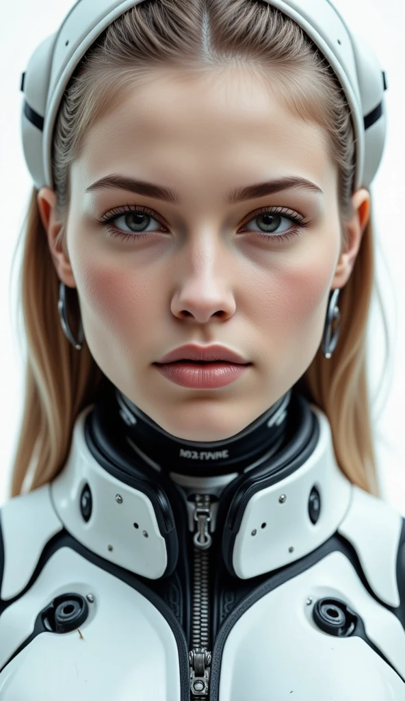 Realistic cyborg female face concept in exoskeleton on white background, shot on 35mm objective, 4k style, highest quality.