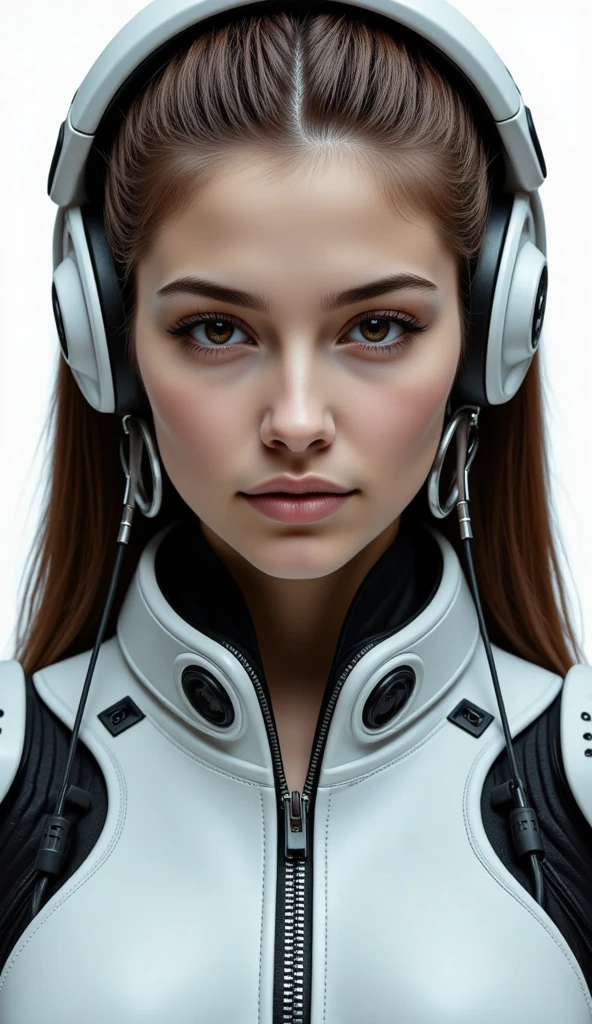 Realistic cyborg female face concept in exoskeleton on white background, shot on 35mm objective, 4k style, highest quality.