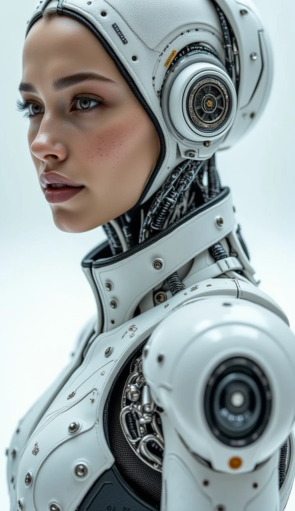 Realistic cyborg female face concept in exoskeleton on white background, shot on 35mm objective, 4k style, highest quality.