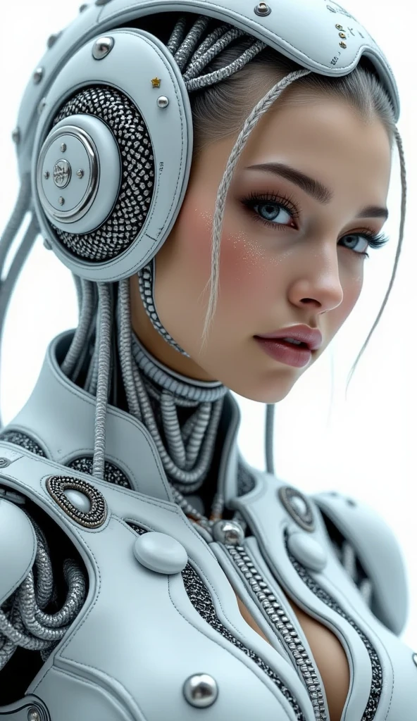 Realistic cyborg female face concept in exoskeleton on white background, shot on 35mm objective, 4k style, highest quality.