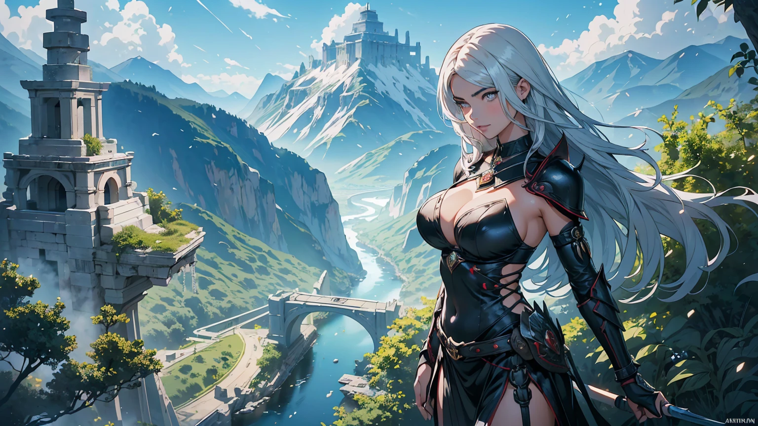 Fantasy Anime Landscape wallpaper: In a high-resolution anime-style scene, ((a beautiful 22-year-old female warrior stands confidently alone in a lush)), open landscape. She is the only character represented in the image, depicted in an upright pose, either from the waist up or in full-body view, facing the viewer with a gentle smile and direct gaze. Her long, flowing silver hair frames her face, and her bright eyes are detailed and expressive, exuding strength and charm. Her flawless, porcelain-smooth skin complements her delicate facial features, which include a refined nose and soft, glossy lips. This ultra-detailed illustration features ((a stunning supermodel-quality warrior, reminiscent of the elegance of Adriana Lima and Megan Fox)). The captivating Fantasyland background includes distant mountains, flowing rivers, and ancient ruins partially hidden by vibrant greenery. The dramatic sky transitions through soft hues, creating a vibrant contrast with the lush landscape. Detailed 8K resolution and HDR lighting highlight her figure against the surroundings, with high-contrast shadows adding depth. She wears lightweight armor with intricate metal and leather details, showcasing her graceful form. Tattoos of red roses and ancient symbols adorn her arms, reflecting her natural beauty and connection to the world around her. The scene captures the warrior's enchanting appearance and the rich details of her environment in an ultra-realistic, Genshin Impact-inspired anime style. In this perfect fantasy anime wallpaper, the setting is enhanced by a beautiful sunny day in a coniferous forest, where the enchanting atmosphere is further enriched by soft anime tones and luminism, adding depth to the illustration. The image presents a three-dimensional sensation, showcasing the stunning ((warrior alone in a vast, open world filled with mountains, rivers, and ancient ruins)), all captured with extreme detail and vibrant colors.