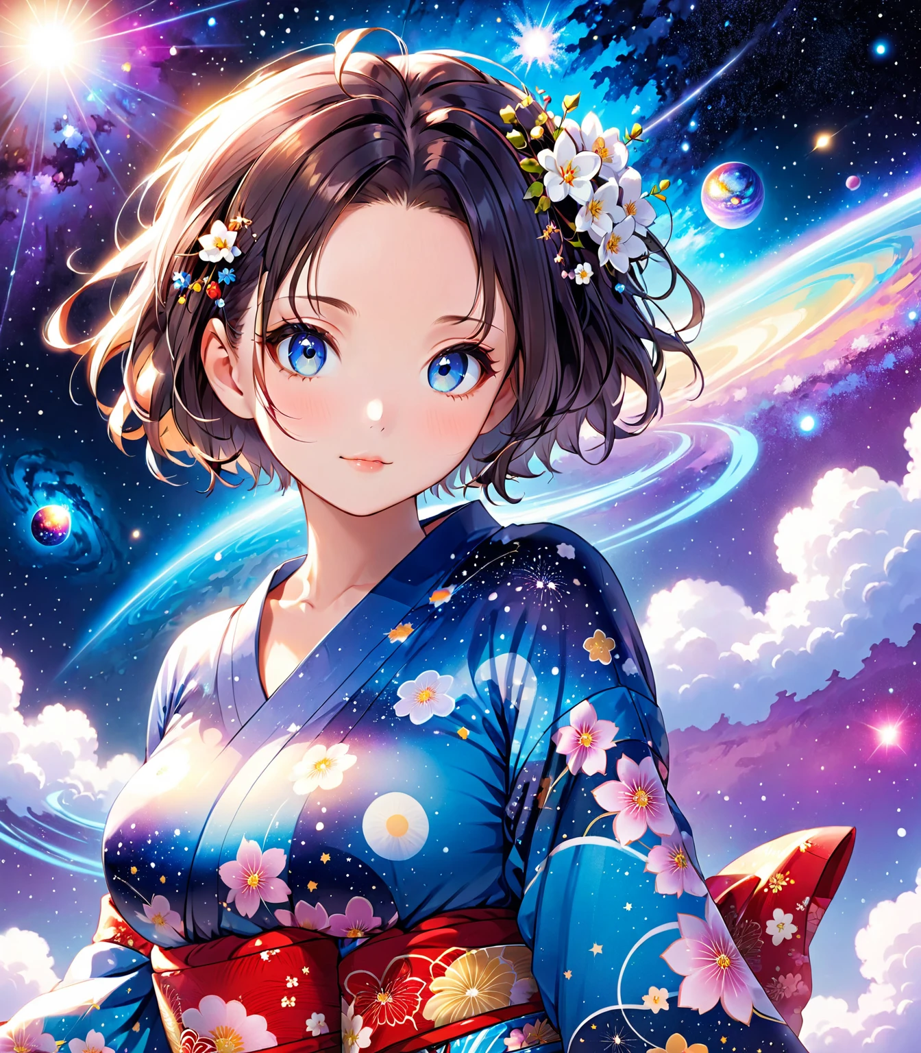 1 girl,Beautifully detailed , light blissful face, kawaii(Hair up style)short hair,Galaxy background,(blue eyes )(looking at viewer)(Big breasts)kimono