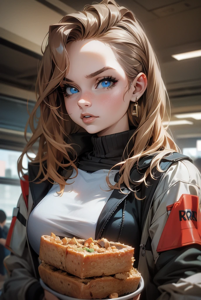  adult woman,  white skin,  Kampala,  earrings with cups, Food,  shortcut,  blue eyes , solo,  Cyberpunk