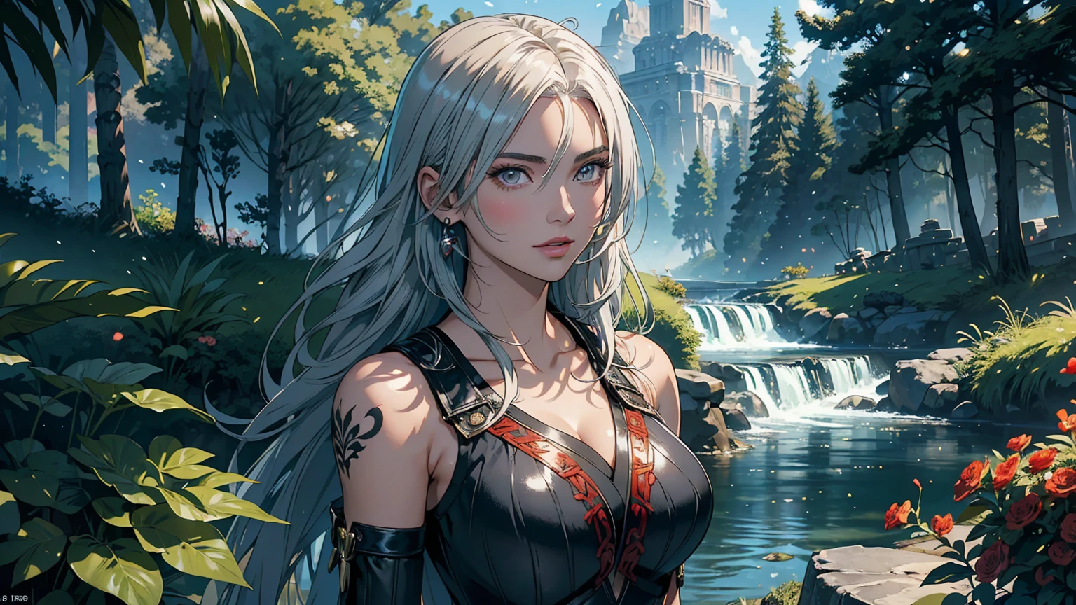 Fantasy Anime Landscape wallpaper: In a high-resolution anime-style scene, ((a beautiful 22-year-old female warrior stands confidently alone in a lush)), open landscape. She is the only character represented in the image, depicted in an upright pose, either from the waist up or in full-body view, facing the viewer with a gentle smile and direct gaze. Her long, flowing silver hair frames her face, and her bright eyes are detailed and expressive, exuding strength and charm. Her flawless, porcelain-smooth skin complements her delicate facial features, which include a refined nose and soft, glossy lips. This ultra-detailed illustration features ((a stunning supermodel-quality warrior, reminiscent of the elegance of Adriana Lima and Megan Fox)). The captivating Fantasyland background includes distant mountains, flowing rivers, and ancient ruins partially hidden by vibrant greenery. The dramatic sky transitions through soft hues, creating a vibrant contrast with the lush landscape. Detailed 8K resolution and HDR lighting highlight her figure against the surroundings, with high-contrast shadows adding depth. She wears lightweight armor with intricate metal and leather details, showcasing her graceful form. Tattoos of red roses and ancient symbols adorn her arms, reflecting her natural beauty and connection to the world around her. The scene captures the warrior's enchanting appearance and the rich details of her environment in an ultra-realistic, Genshin Impact-inspired anime style. In this perfect fantasy anime wallpaper, the setting is enhanced by a beautiful sunny day in a coniferous forest, where the enchanting atmosphere is further enriched by soft anime tones and luminism, adding depth to the illustration. The image presents a three-dimensional sensation, showcasing the stunning ((warrior alone in a vast, open world filled with mountains, rivers, and ancient ruins)), all captured with extreme detail and vibrant colors.