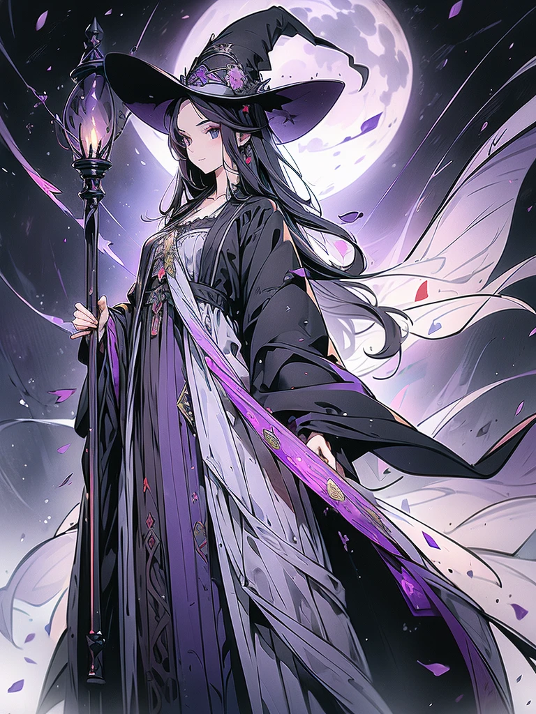 Long staff ，magic hat，Purple long Hair,witch, Black robe, Victorian style, Gothic Skirt, middle Ages,Purple Fire，long black dress，beautiful