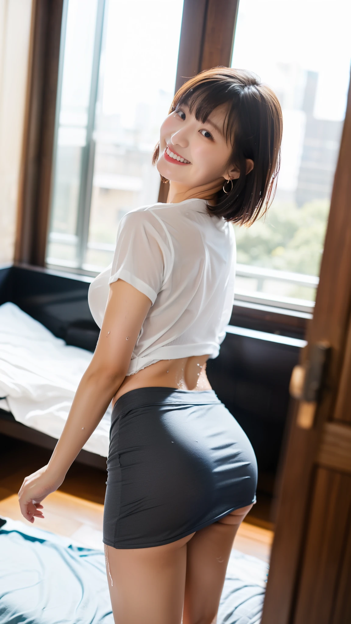 (((Lie on your back:1.2))),(( panties:1)),(The skin is wet with sweat),indoor,company,Inside the office,(Wearing a shirt), cleavage,A female college student, looking at the camera ,smile, 28 years old, short hair、bangs、Solid Mini Skirt、Cute earrings,Bright sunlight