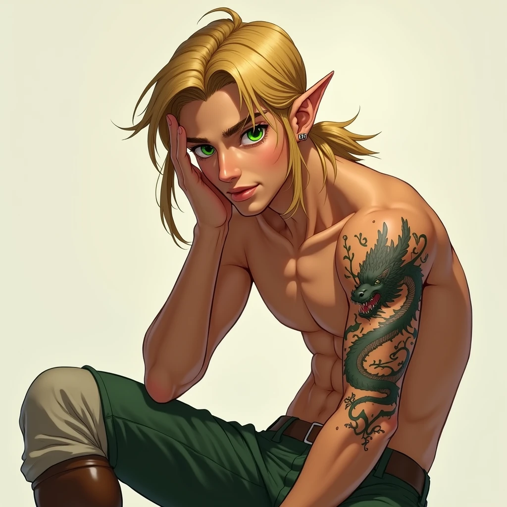  A 23-year-old young man with well-defined torso muscles but with a thin physical size ,  wearing a short sleeve blue dress shirt with open chest showing loose and black pants. The character with long blond hair forming a ponytail and green eyes ,  face with features similar to Link Legend of Zelda and is posing with one hand covering her face and is sitting with one arm resting on her raised knee, The head is tilted slightly downwards, And the person seems to be very relaxed and with a confident look and inviting smile . Notably, There is a dragon tattoo on the left side of the torso , extending under the arm to the waist . The background is simple, what makes the character stand out