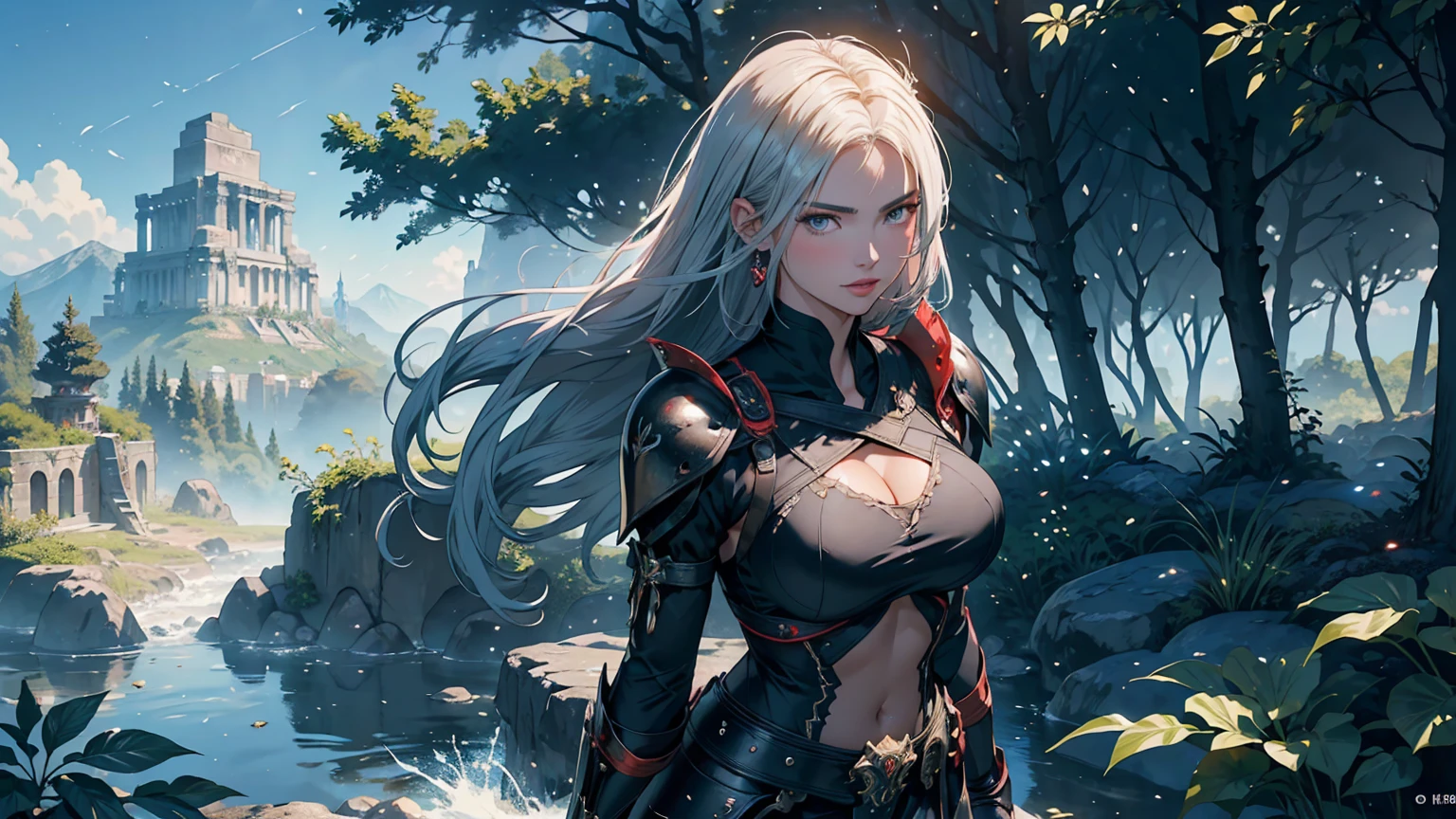 Fantasy Anime Landscape wallpaper: In a high-resolution anime-style scene, ((a beautiful 22-year-old female warrior stands confidently alone in a lush)), open landscape. She is the only character represented in the image, depicted in an upright pose, either from the waist up or in full-body view, facing the viewer with a gentle smile and direct gaze. Her long, flowing silver hair frames her face, and her bright eyes are detailed and expressive, exuding strength and charm. Her flawless, porcelain-smooth skin complements her delicate facial features, which include a refined nose and soft, glossy lips. This ultra-detailed illustration features ((a stunning supermodel-quality warrior, reminiscent of the elegance of Adriana Lima and Megan Fox)). The captivating Fantasyland background includes distant mountains, flowing rivers, and ancient ruins partially hidden by vibrant greenery. The dramatic sky transitions through soft hues, creating a vibrant contrast with the lush landscape. Detailed 8K resolution and HDR lighting highlight her figure against the surroundings, with high-contrast shadows adding depth. She wears lightweight armor with intricate metal and leather details, showcasing her graceful form. Tattoos of red roses and ancient symbols adorn her arms, reflecting her natural beauty and connection to the world around her. The scene captures the warrior's enchanting appearance and the rich details of her environment in an ultra-realistic, Genshin Impact-inspired anime style. In this perfect fantasy anime wallpaper, the setting is enhanced by a beautiful sunny day in a coniferous forest, where the enchanting atmosphere is further enriched by soft anime tones and luminism, adding depth to the illustration. The image presents a three-dimensional sensation, showcasing the stunning ((warrior alone in a vast, open world filled with mountains, rivers, and ancient ruins)), all captured with extreme detail and vibrant colors.