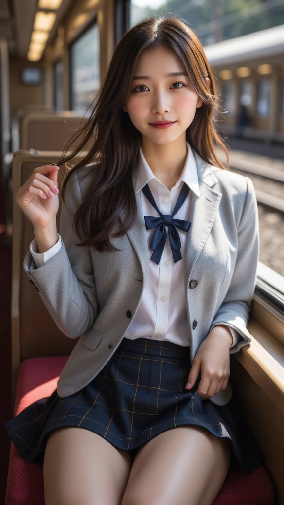 ( a work that can be safely viewed at work :2.0),  photorealistic,  very realistic pictures, Realistic, Perfect composition, Proper placement, Women&#39;s photos:1.331, wear , ((Grey blazer, Navy tie,  white button up shirt ,  Plaid Skirt , White socks, brown loafers ,  high school uniform : 1.4)), Brown Hair,  long hair:1.331,   sit on a train seat , Lift the skirt,  showing off panties , Cute Japanese Woman:1.21,   Beautiful Japanese Woman's Face:1.21,  clear eyebrows on the rails :1.331, Detailed face,  white skin:1.21, Fine skin,  ray tracing,  dynamic and cinematic lighting ,