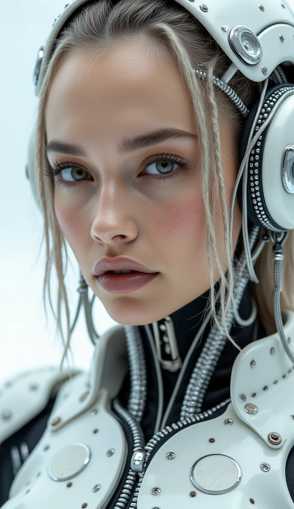 Realistic cyborg female face concept in exoskeleton on white background, shot on 35mm objective, 4k style, highest quality.