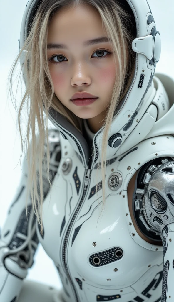 Realistic cyborg female face concept in exoskeleton on white background, shot on 35mm objective, 4k style, highest quality.